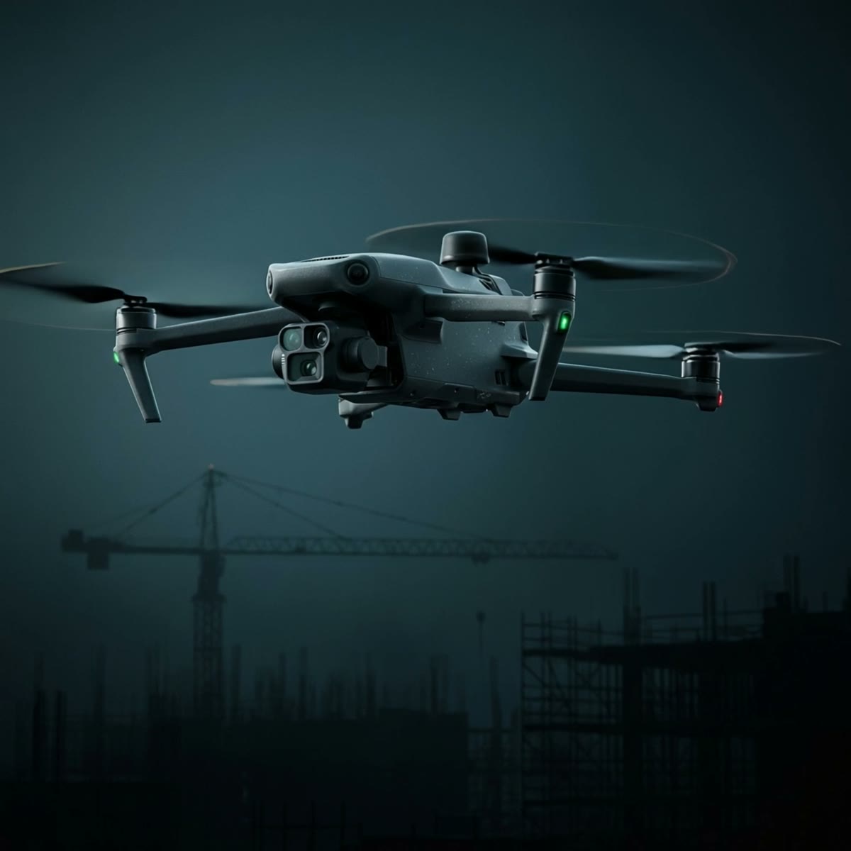 DJI Matrice 4E survey drone in flight above a construction site